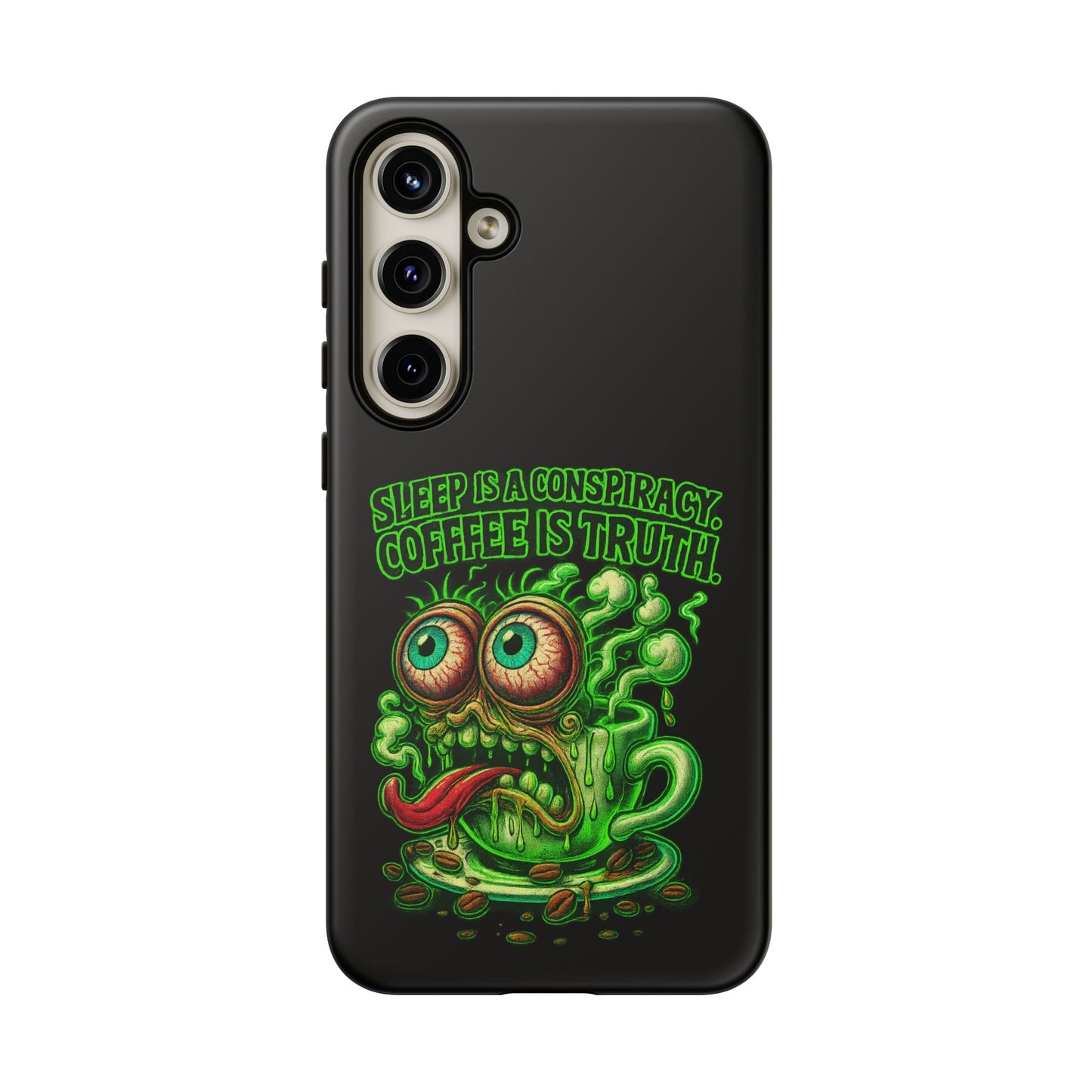 Phone Case — “Sleep Is a Conspiracy, Coffee Is Truth” Retro Monster Design
