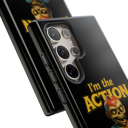 Action Figure Phone Case — "I'm the Action" Retro Skull Toy Design