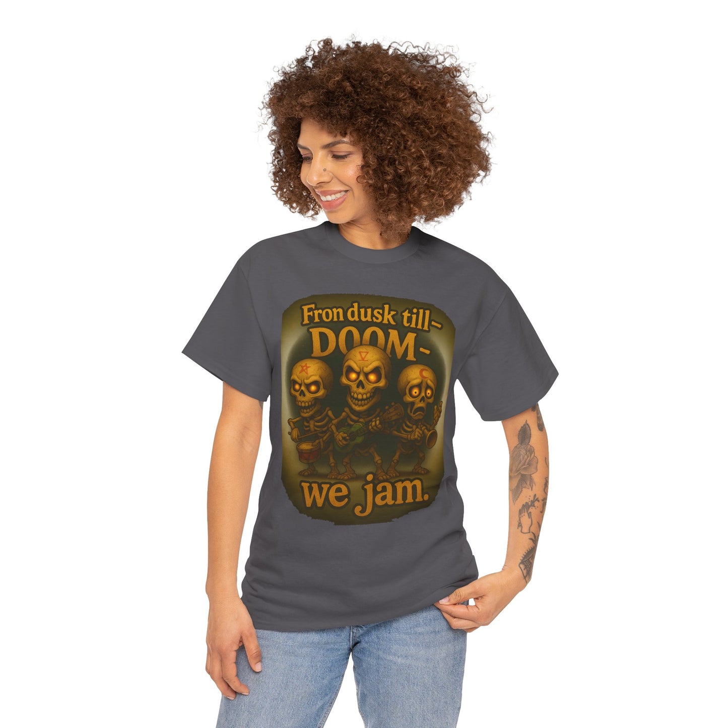 T-Shirt — "From Dusk Till Doom We Jam" Skull Band Graphic Tee