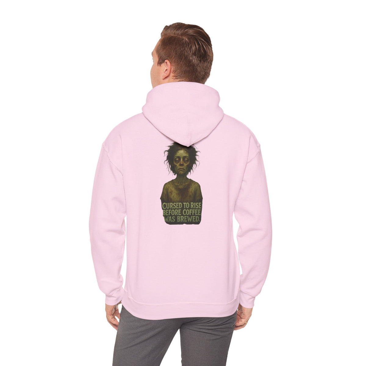Hoodie — "Cursed to Rise Before Coffee Was Brewed" Goth Coffee Graphic Hooded Sweatshirt