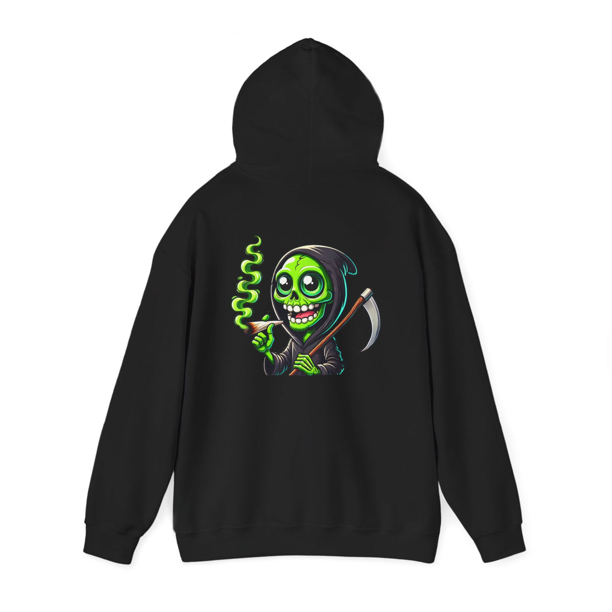 Grinning Green Grim Reaper Hoodie – Neon Smoking Skeleton Graphic Sweatshirt