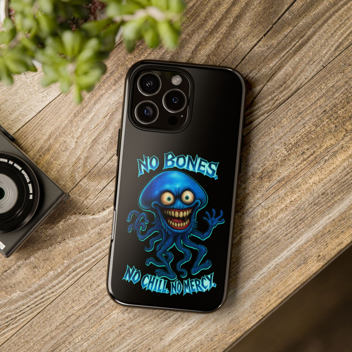 Phone Case — 'No Bones, No Chill, No Mercy' Blue Jellyfish Horror Design
