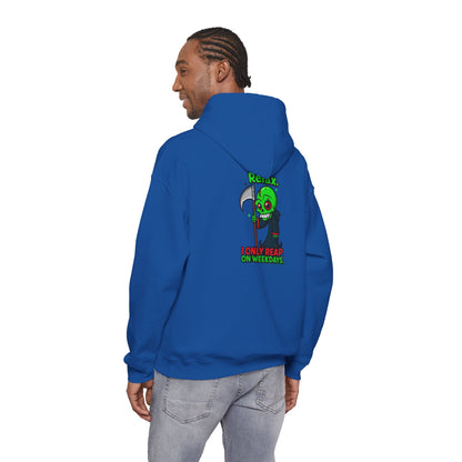Grim Reaper Cartoon Hoodie — "I Only Read on Weekdays" Graphic Pullover