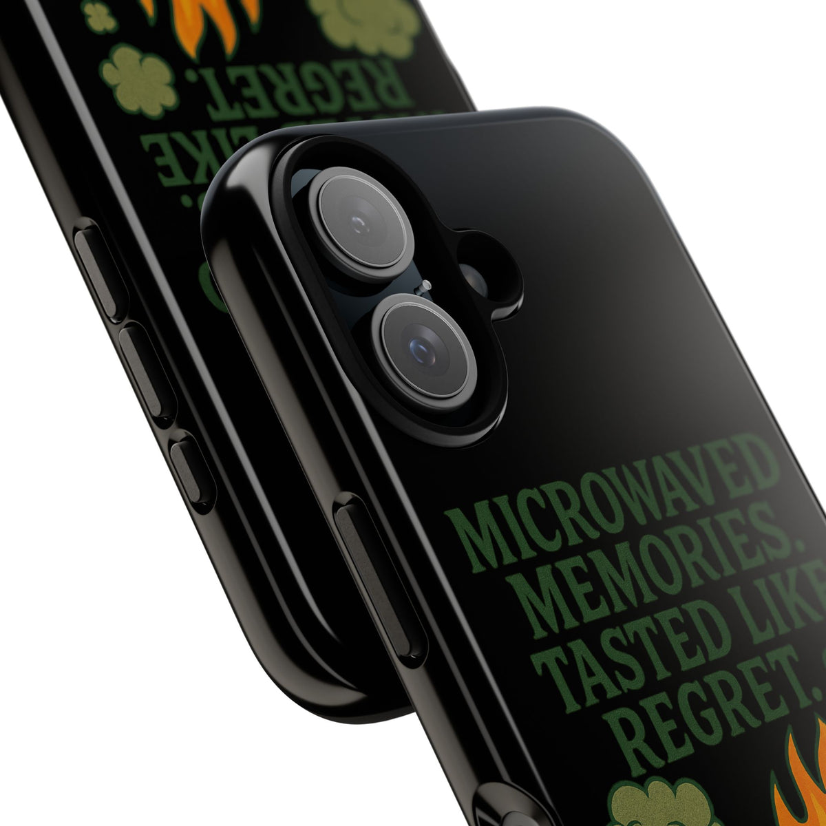 Microwaved Memories Phone Case — 'Microwaved Memories. Tasted Like Regret.' Retro Fire Design