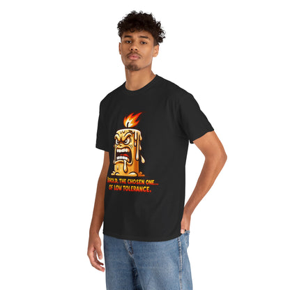 T-Shirt — 'Behold, The Chosen One of Low Tolerance' Fiery Candle Graphic Tee