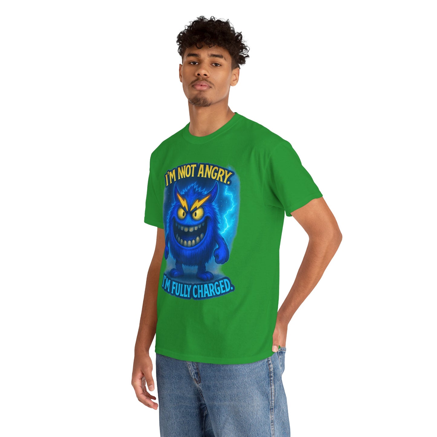 I'm Not Angry I'm Fully Charged Tee, Blue Lightning Monster Graphic