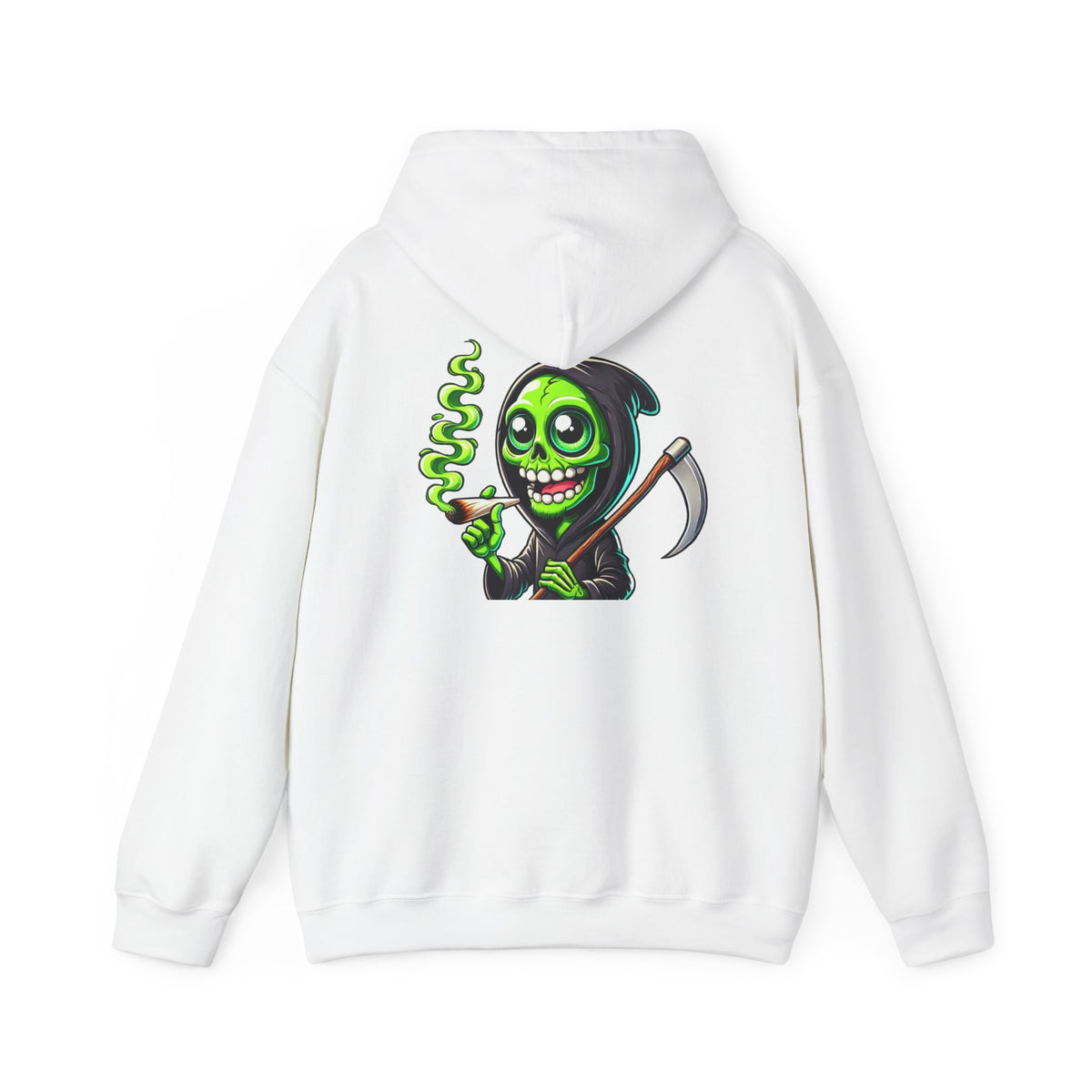 Grinning Green Grim Reaper Hoodie – Neon Smoking Skeleton Graphic Sweatshirt
