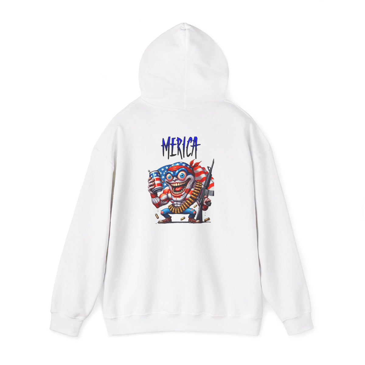 Patriotic Retro Hoodie — American Flag Skull Character Back Graphic