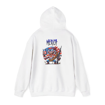 Patriotic Retro Hoodie — American Flag Skull Character Back Graphic