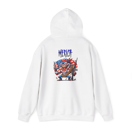 Patriotic Retro Hoodie — American Flag Skull Character Back Graphic
