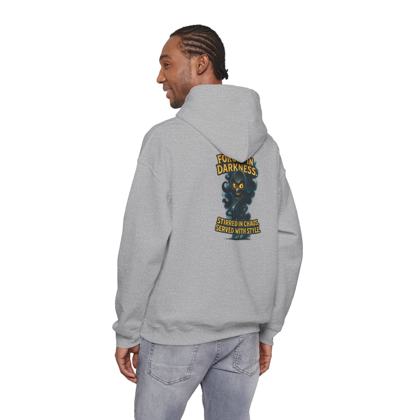 Darkness Stirred Hoodie — Vintage Cat Illustration "Poured in Darkness, Stirred in Chaos, Served with Style"