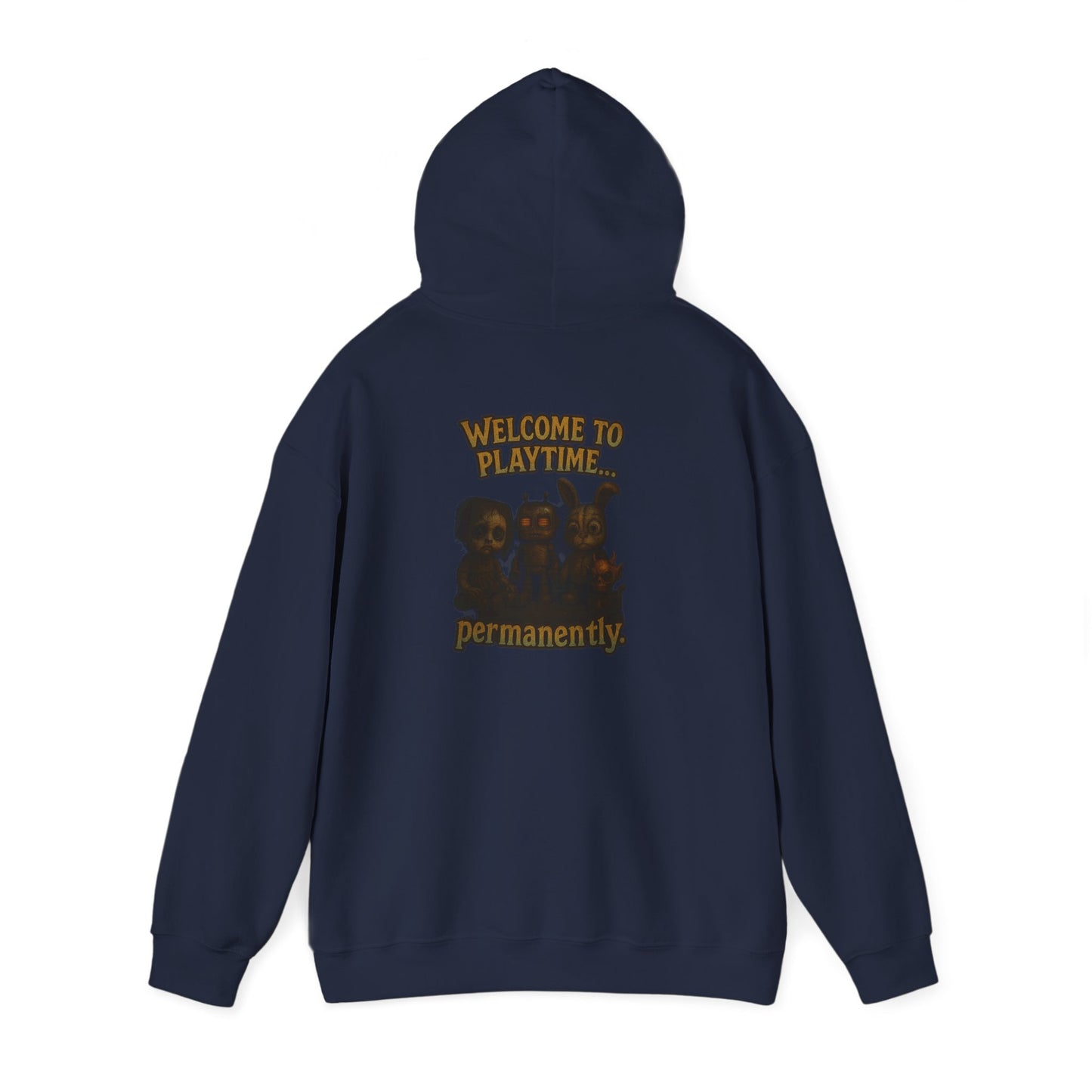 Hoodie — 'Welcome Playtime Permanently' Vintage Horror Character Back Graphic