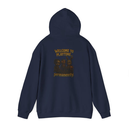 Hoodie — 'Welcome Playtime Permanently' Vintage Horror Character Back Graphic