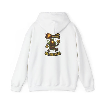Expressive Pumpkin Character Hoodie — "Not Dangerous, I'm Expressive" Halloween Sweatshirt