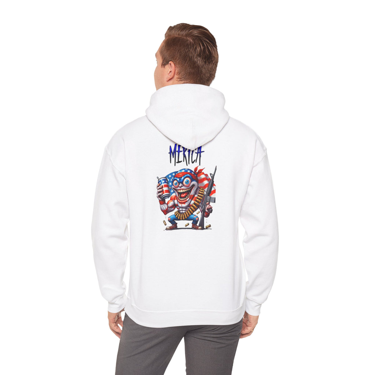 Patriotic Retro Hoodie — American Flag Skull Character Back Graphic