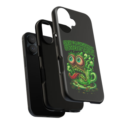 Phone Case — “Sleep Is a Conspiracy, Coffee Is Truth” Retro Monster Design