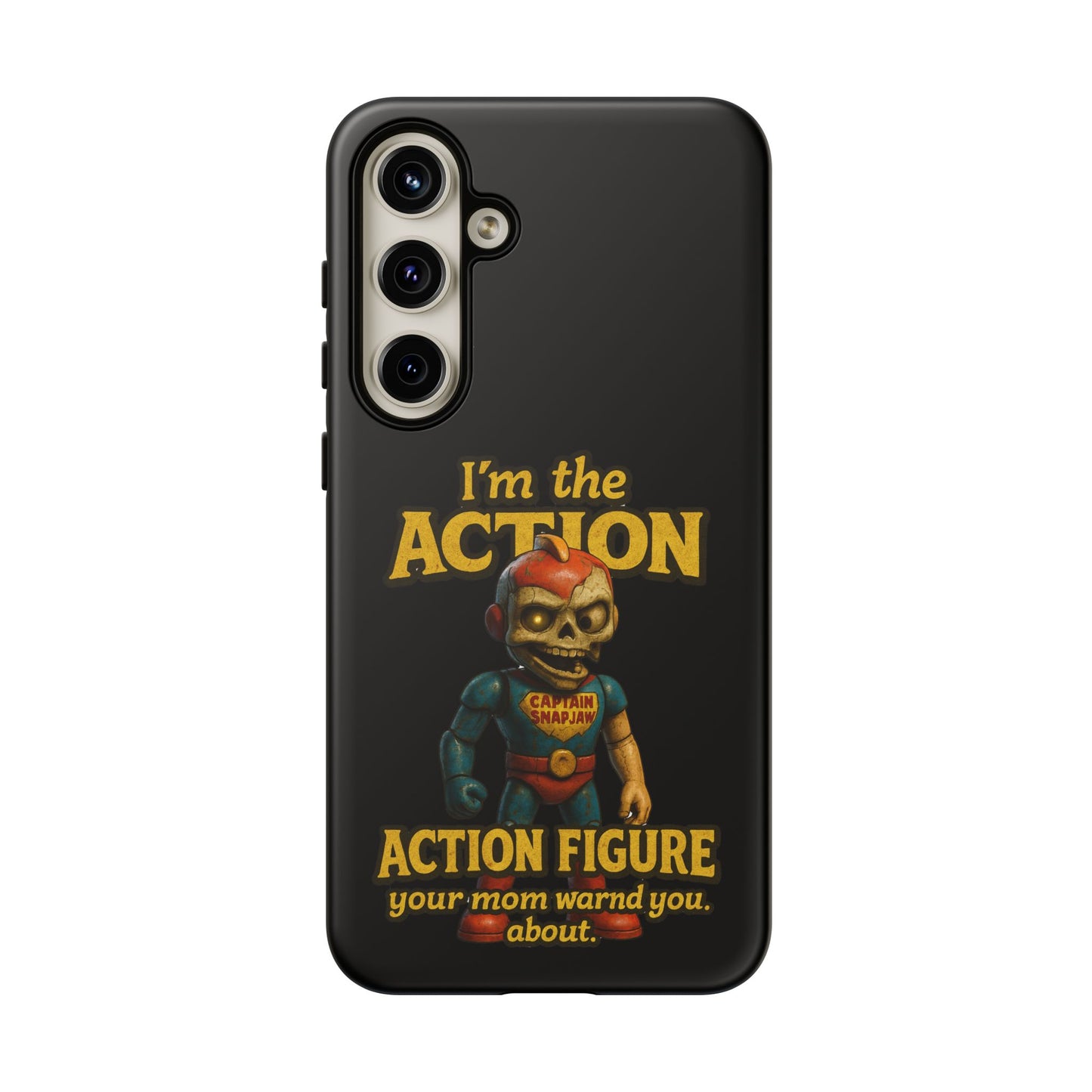 Action Figure Phone Case — "I'm the Action" Retro Skull Toy Design