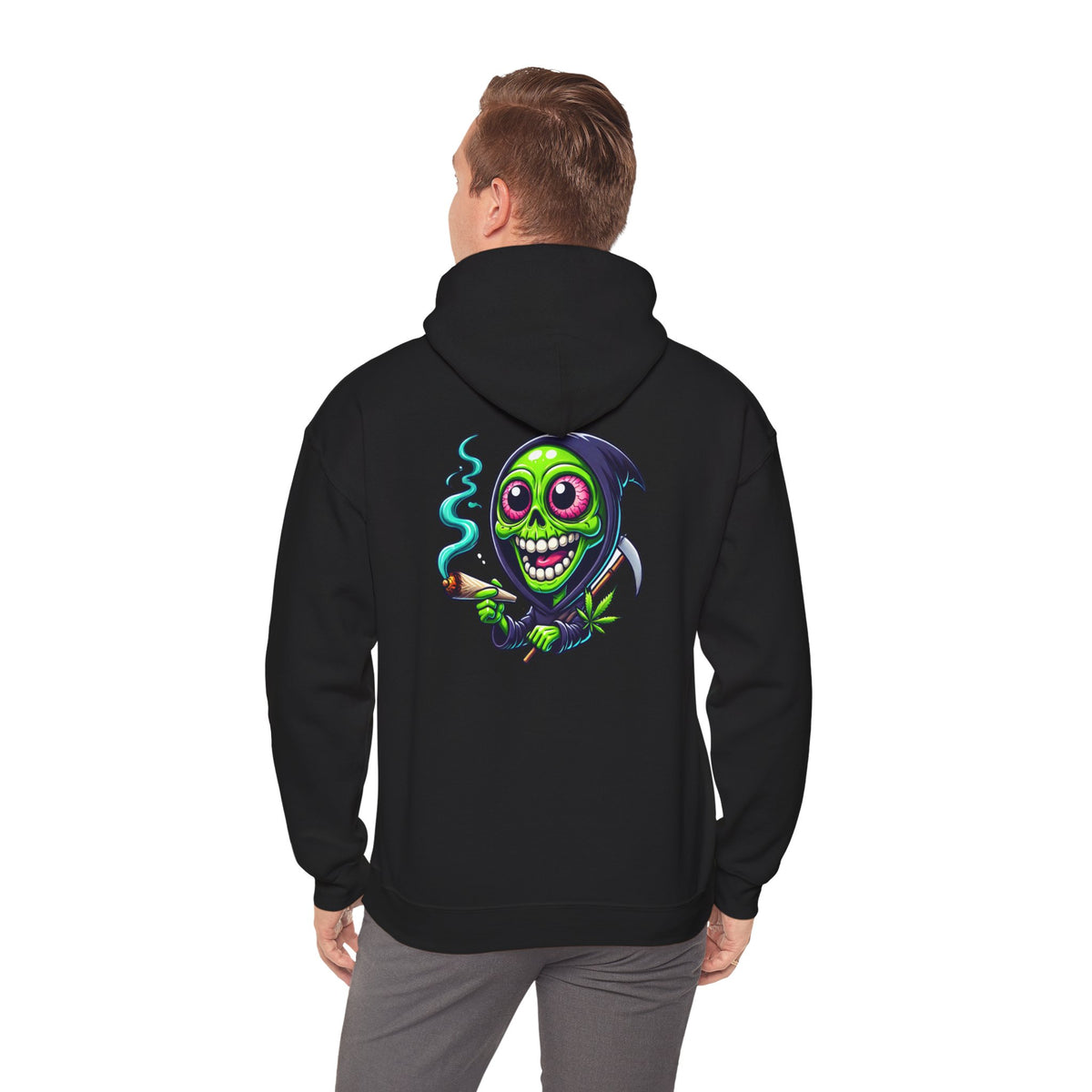 Grinning Green Grim Reaper Hoodie - Cute Creepy Smoking Skull Graphic Sweatshirt