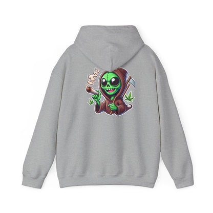 Reaper Alien Hoodie – Cute Green Grim Reaper Smoking Cartoon Graphic Hooded Sweatshirt