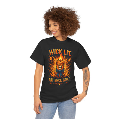 Wick Lit Candle Head, T-Shirt | Patience Gone, Flaming Candle Graphic