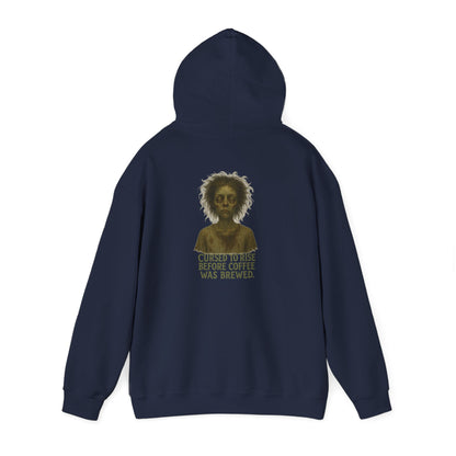 Hoodie — "Cursed to Rise Before Coffee Was Brewed" Haunted Morning Graphic