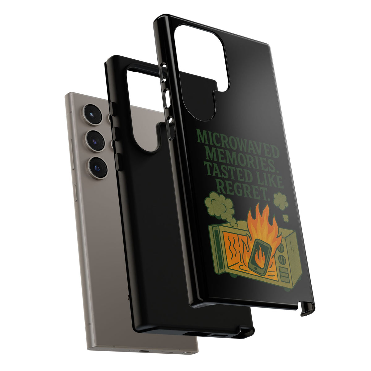 Microwaved Memories Phone Case — 'Microwaved Memories. Tasted Like Regret.' Retro Fire Design