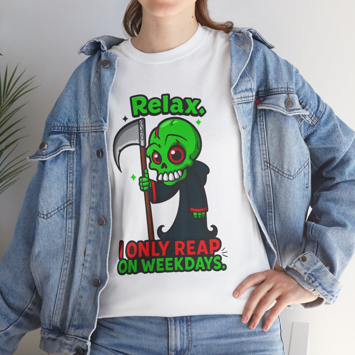 Relax I Only Reap On Weekdays T-Shirt | Grim Reaper Cartoon Tee