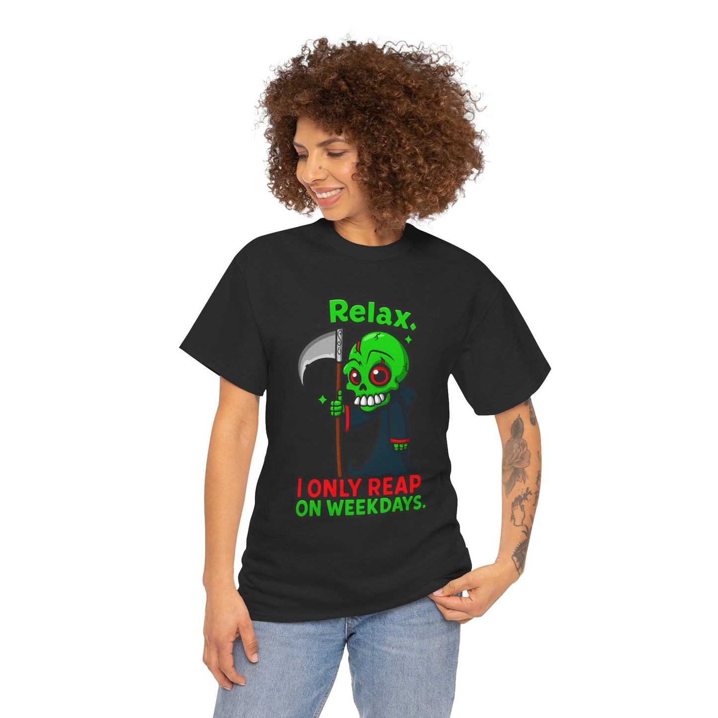 Relax I Only Reap On Weekdays T-Shirt | Grim Reaper Cartoon Tee