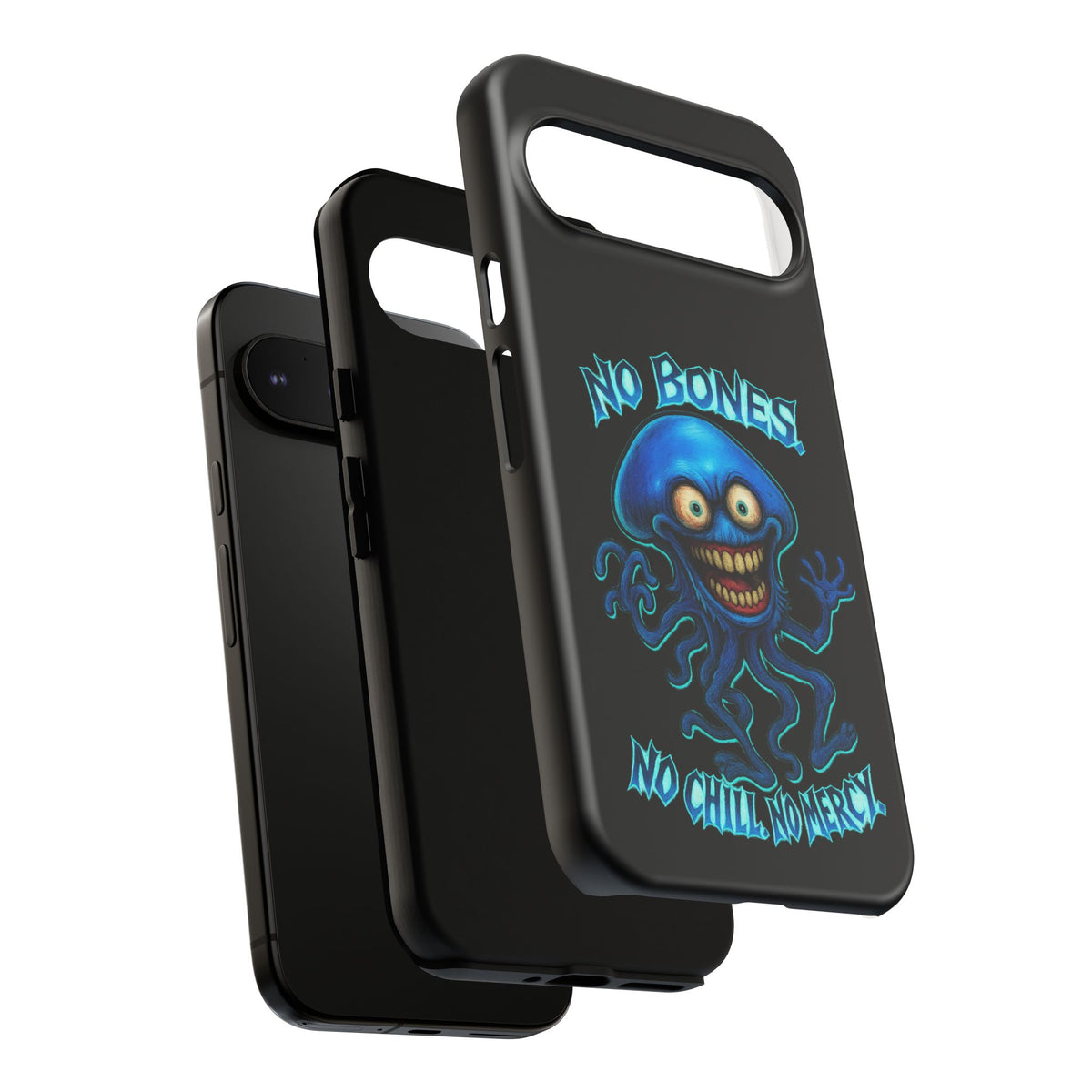 Phone Case — 'No Bones, No Chill, No Mercy' Blue Jellyfish Horror Design