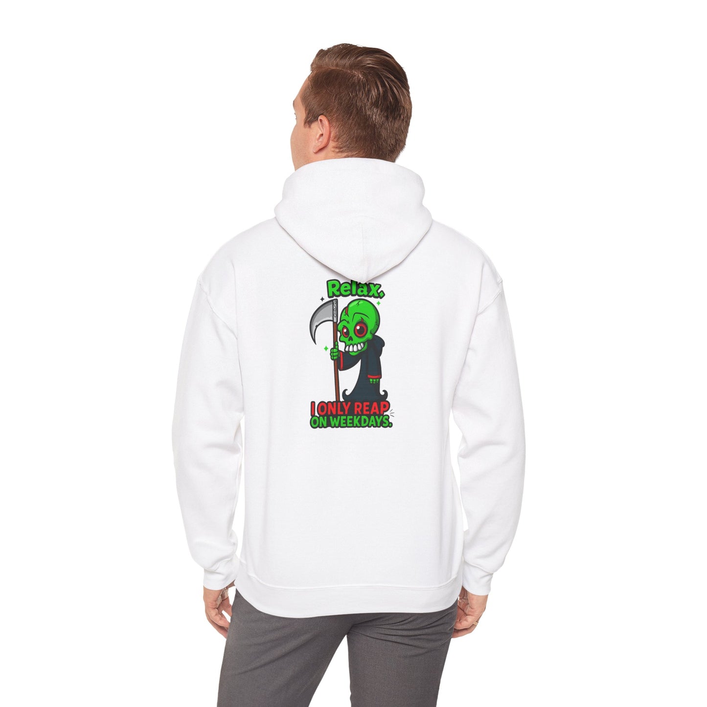 Grim Reaper Cartoon Hoodie — "I Only Read on Weekdays" Graphic Pullover