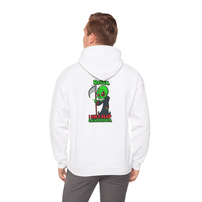 Grim Reaper Cartoon Hoodie — "I Only Read on Weekdays" Graphic Pullover