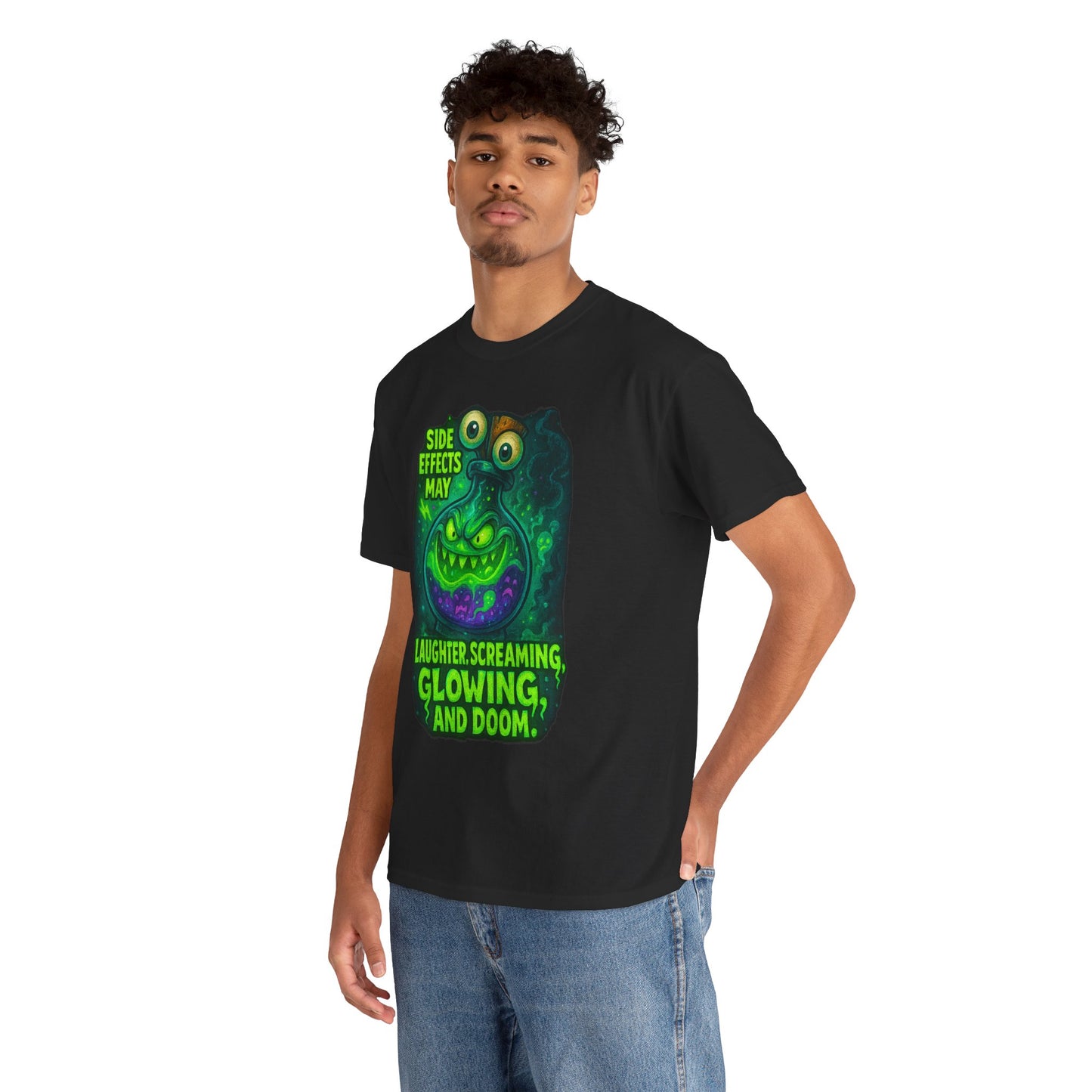 T-Shirt — "Side Effects May Include: Laughter, Screaming, Glowing, and Doom" Neon Monster Graphic