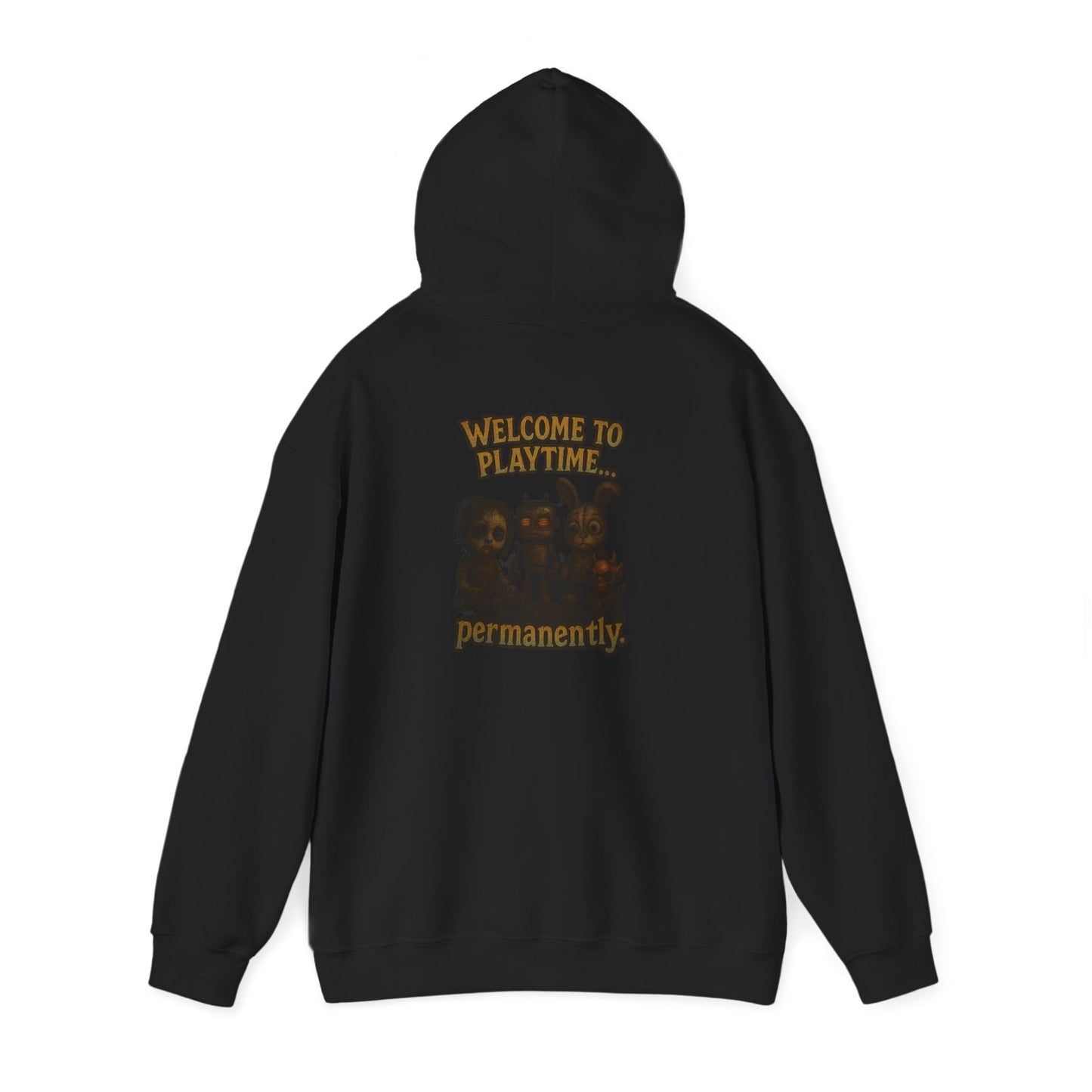 Hoodie — 'Welcome Playtime Permanently' Vintage Horror Character Back Graphic