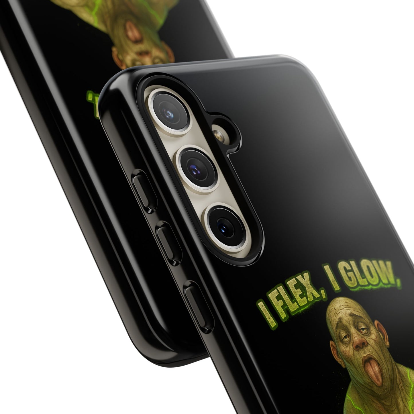 Funny Glow Gym Phone Case — "I Flex, I Glow" Humorous Bodybuilder Design