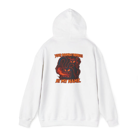 Hoodie — Fiery Demon Skull 'Your Roomba Trembls At My Name' Graphic Back Print