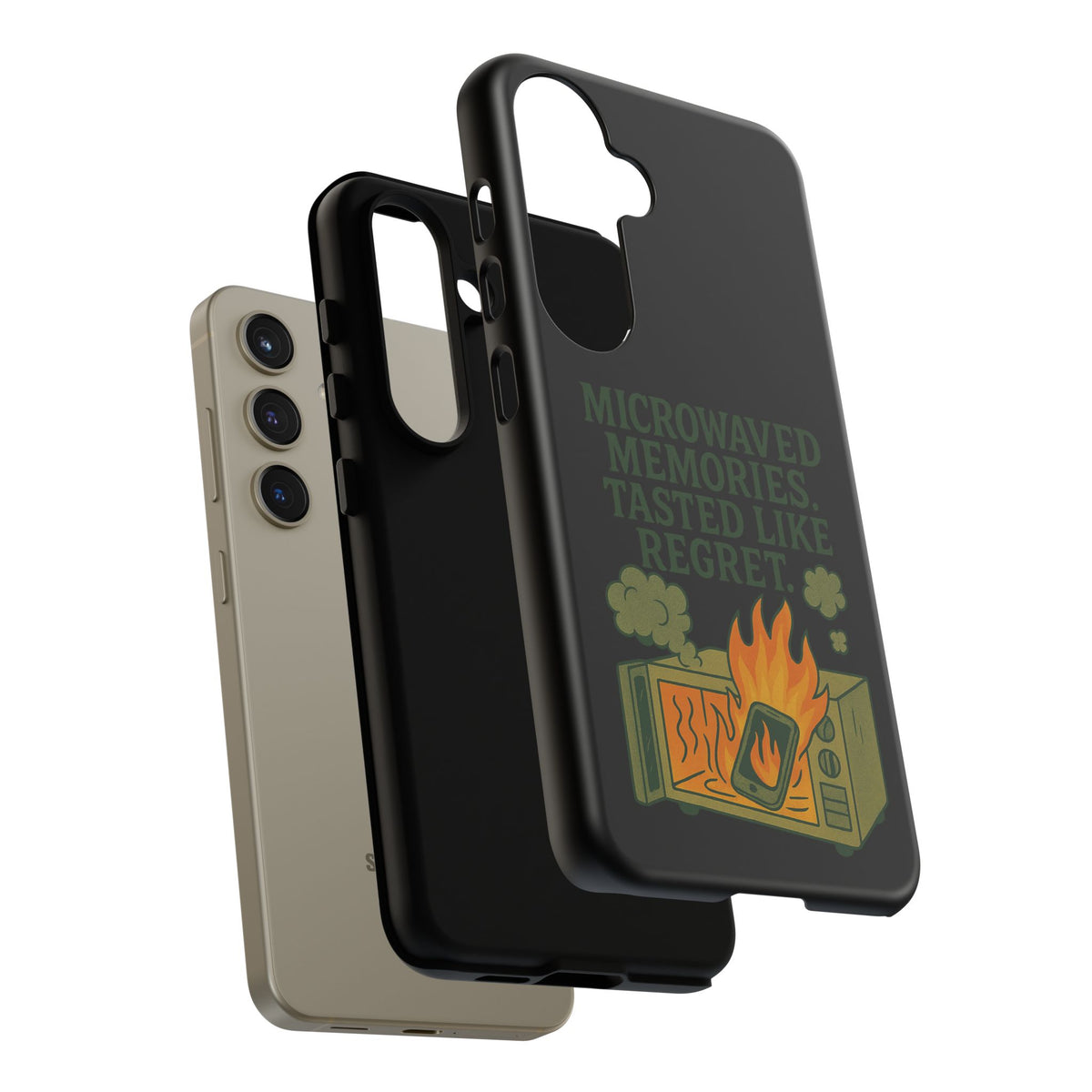 Microwaved Memories Phone Case — 'Microwaved Memories. Tasted Like Regret.' Retro Fire Design