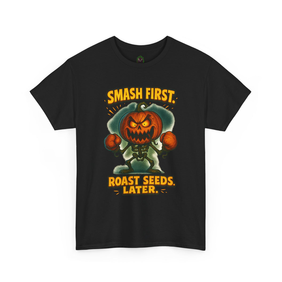 Smash First Pumpkin Boxer illustration T-Shirt | Halloween pumpkin design
