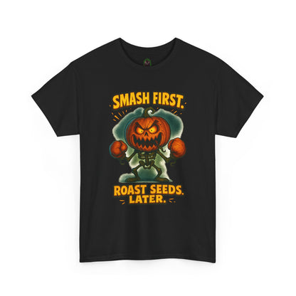 Smash First Pumpkin Boxer illustration T-Shirt | Halloween pumpkin design