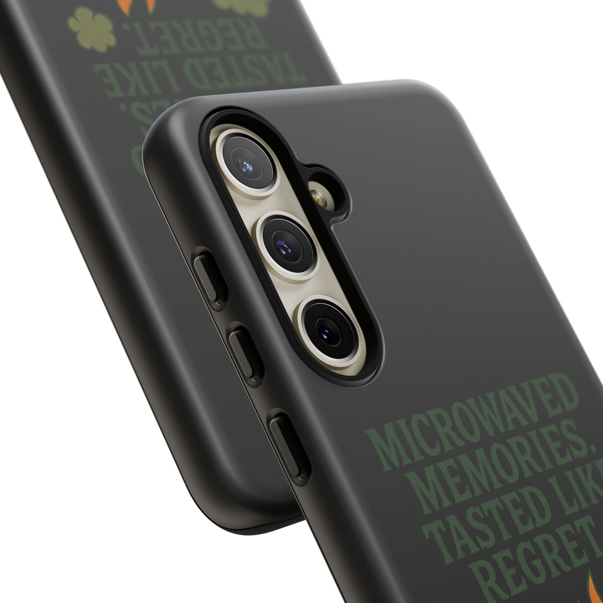 Microwaved Memories Phone Case — 'Microwaved Memories. Tasted Like Regret.' Retro Fire Design