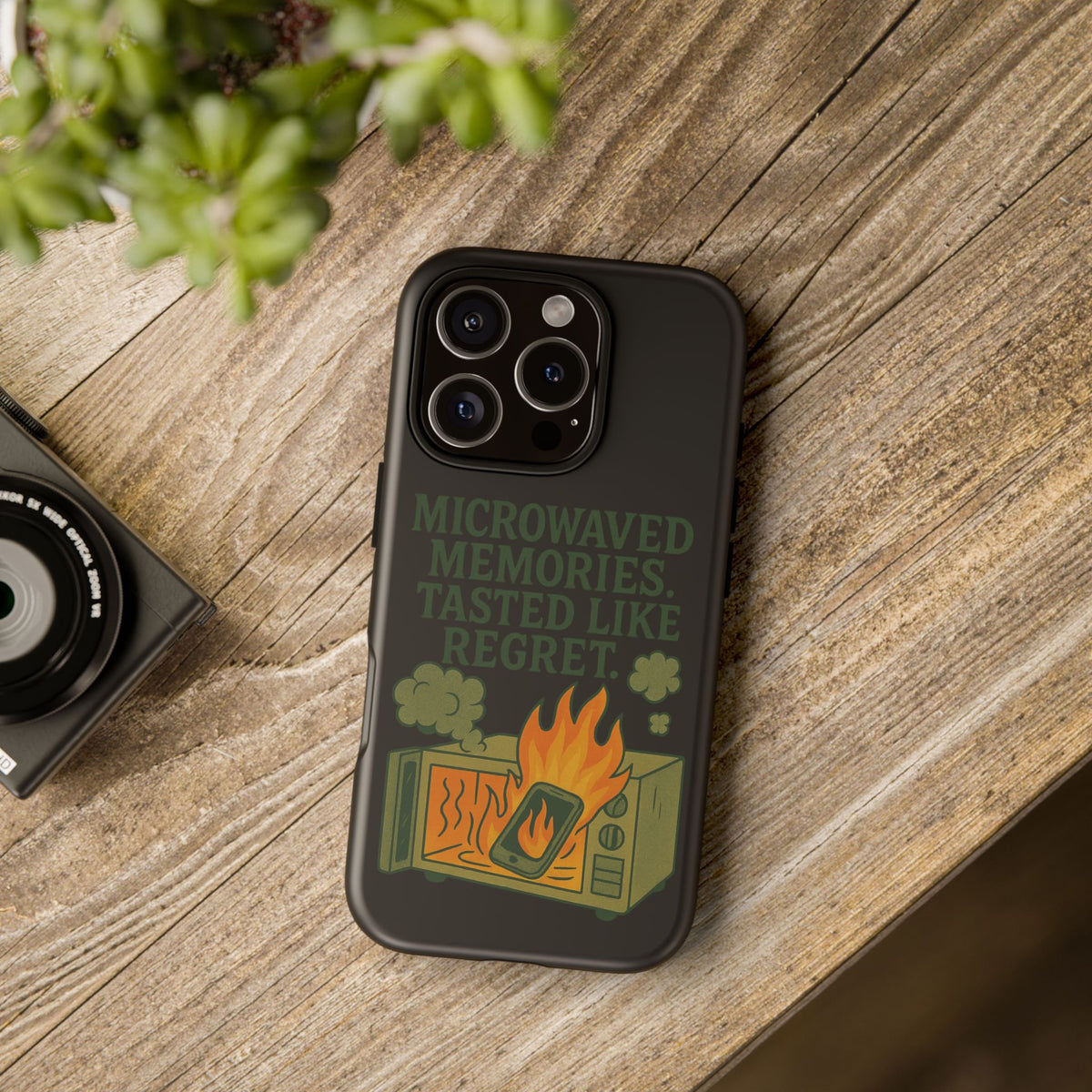 Microwaved Memories Phone Case — 'Microwaved Memories. Tasted Like Regret.' Retro Fire Design