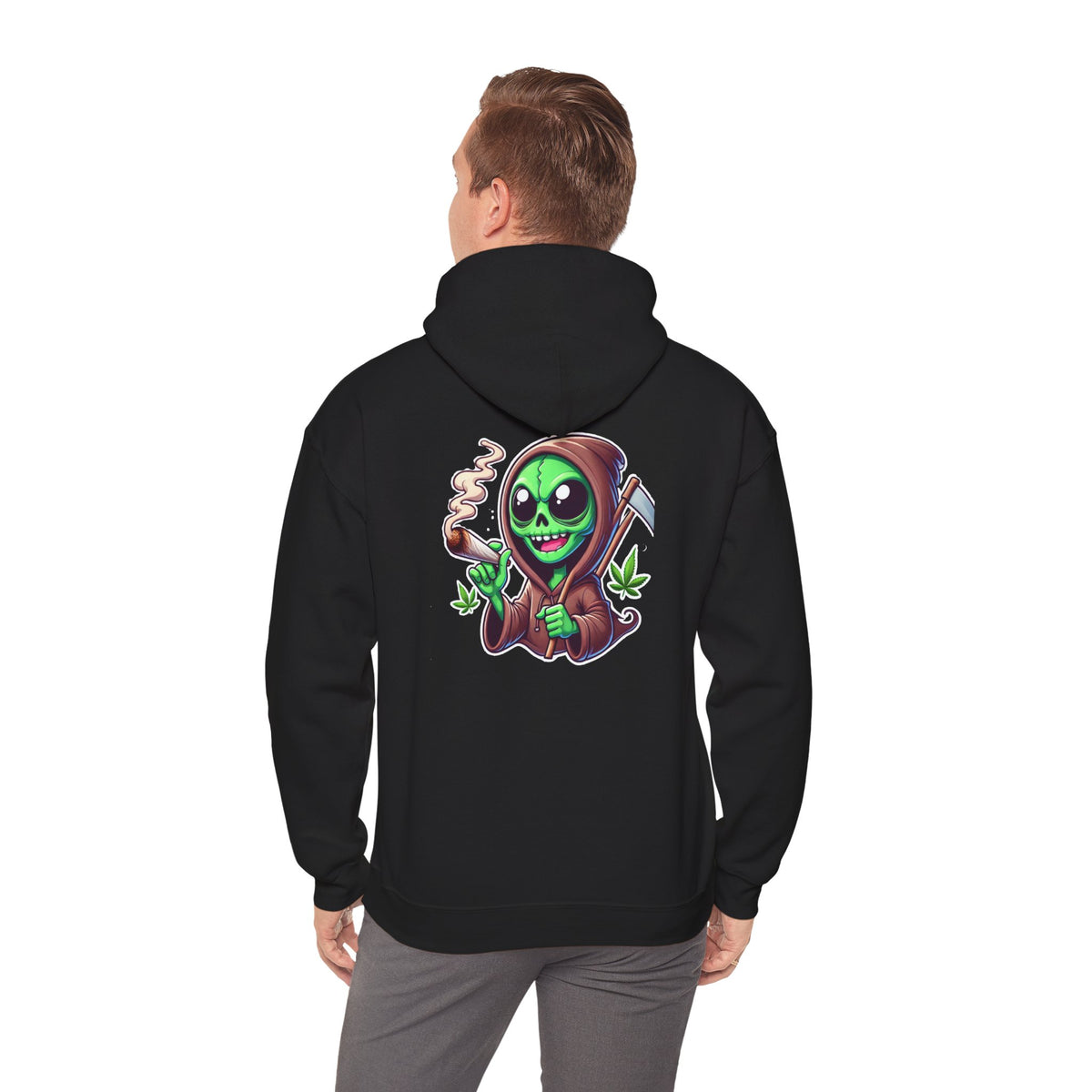 Reaper Alien Hoodie – Cute Green Grim Reaper Smoking Cartoon Graphic Hooded Sweatshirt