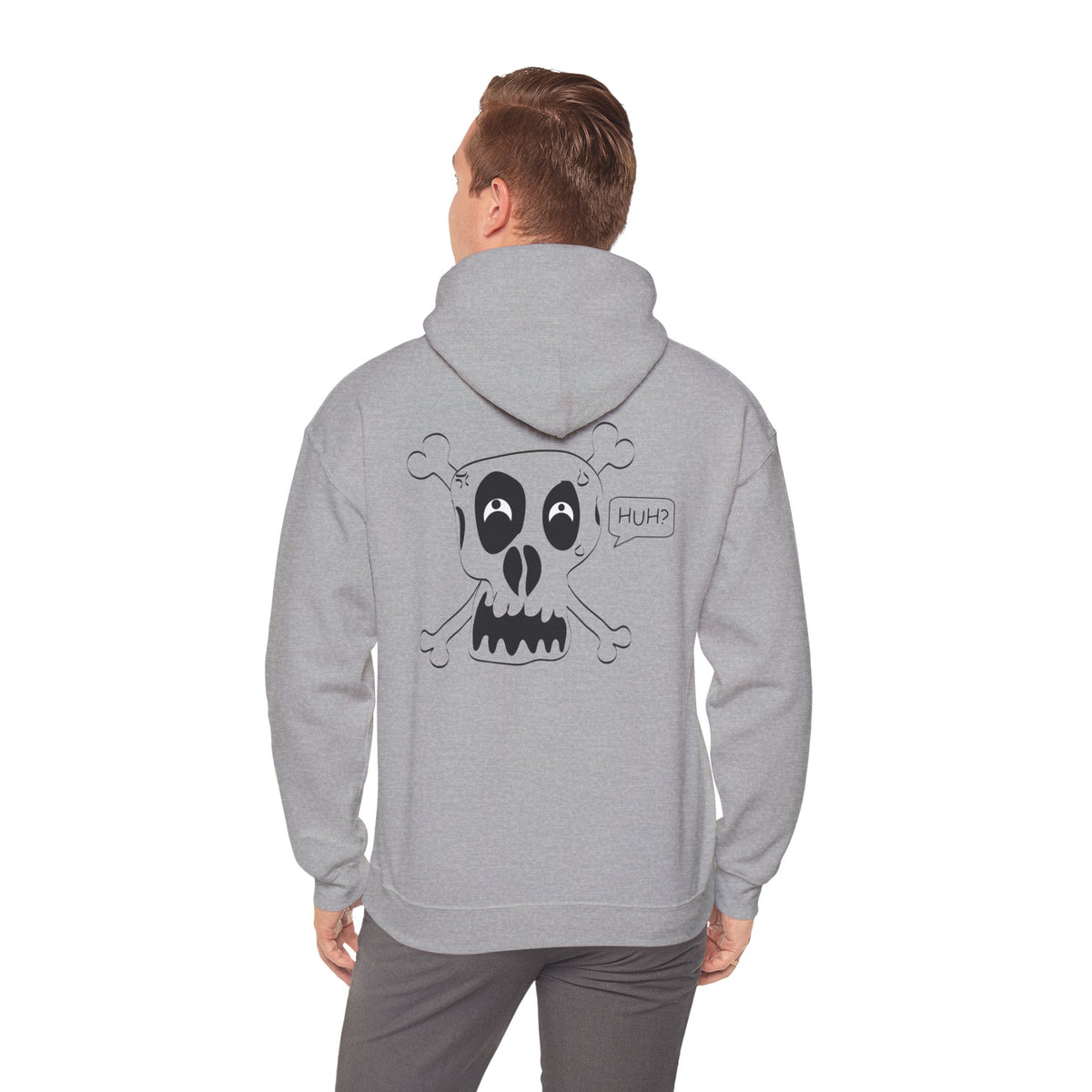 Skull & Crossbones 'Huh?' Hoodie – Edgy Cartoon Skull Back Graphic Sweatshirt