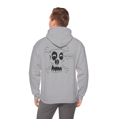 Skull & Crossbones 'Huh?' Hoodie – Edgy Cartoon Skull Back Graphic Sweatshirt