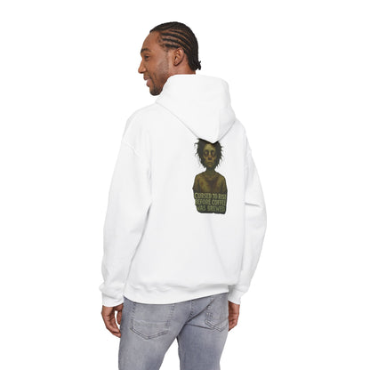 Hoodie — "Cursed to Rise Before Coffee Was Brewed" Goth Coffee Graphic Hooded Sweatshirt
