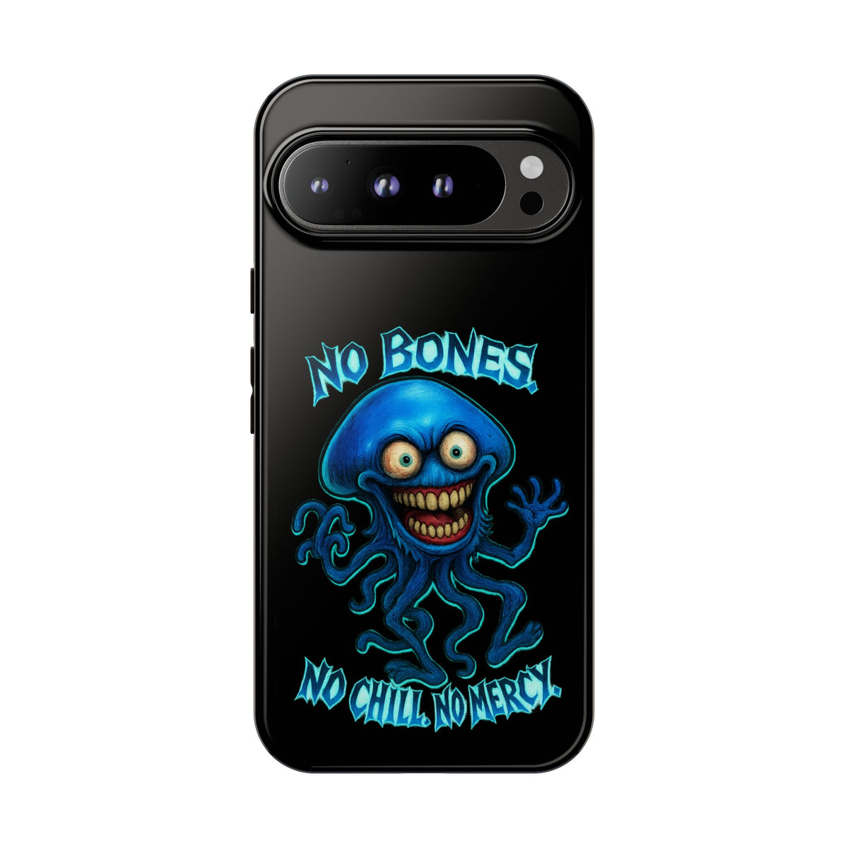 Phone Case — 'No Bones, No Chill, No Mercy' Blue Jellyfish Horror Design