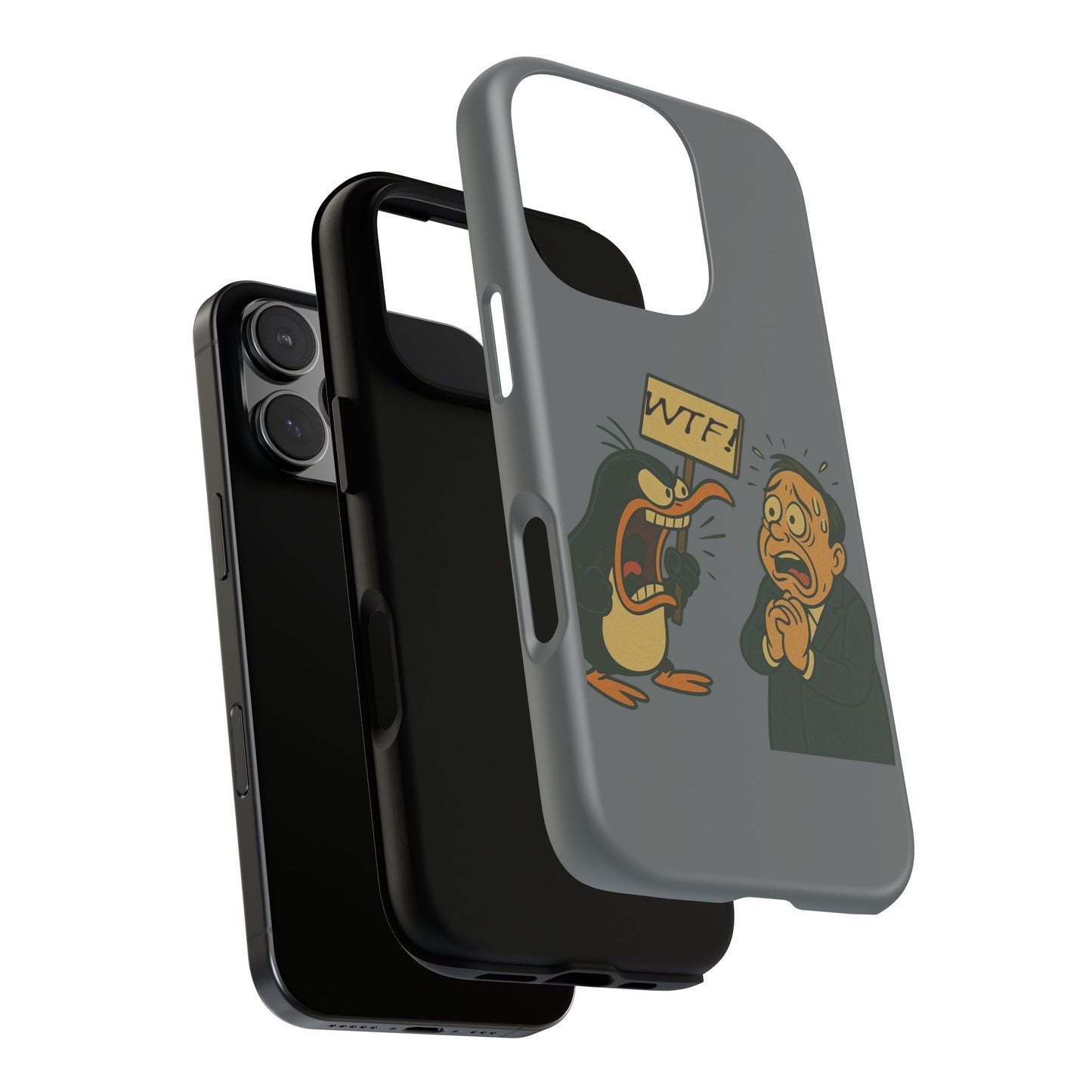 Phone Case - Cartoon Penguin Yelling 'WTF' at Shocked Man, Funny Protective iPhone Cover