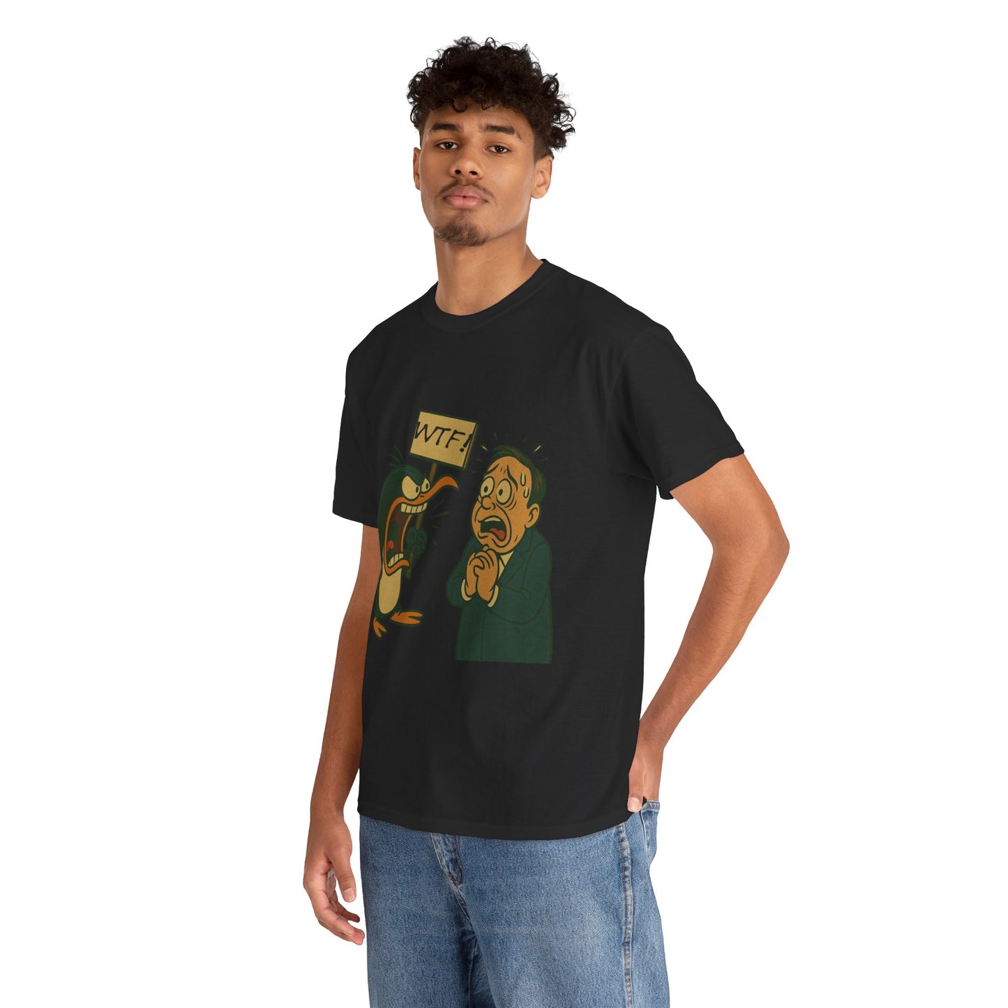 Graphic Tee - Cartoon Penguin Yelling “WTF” at Shocked Man