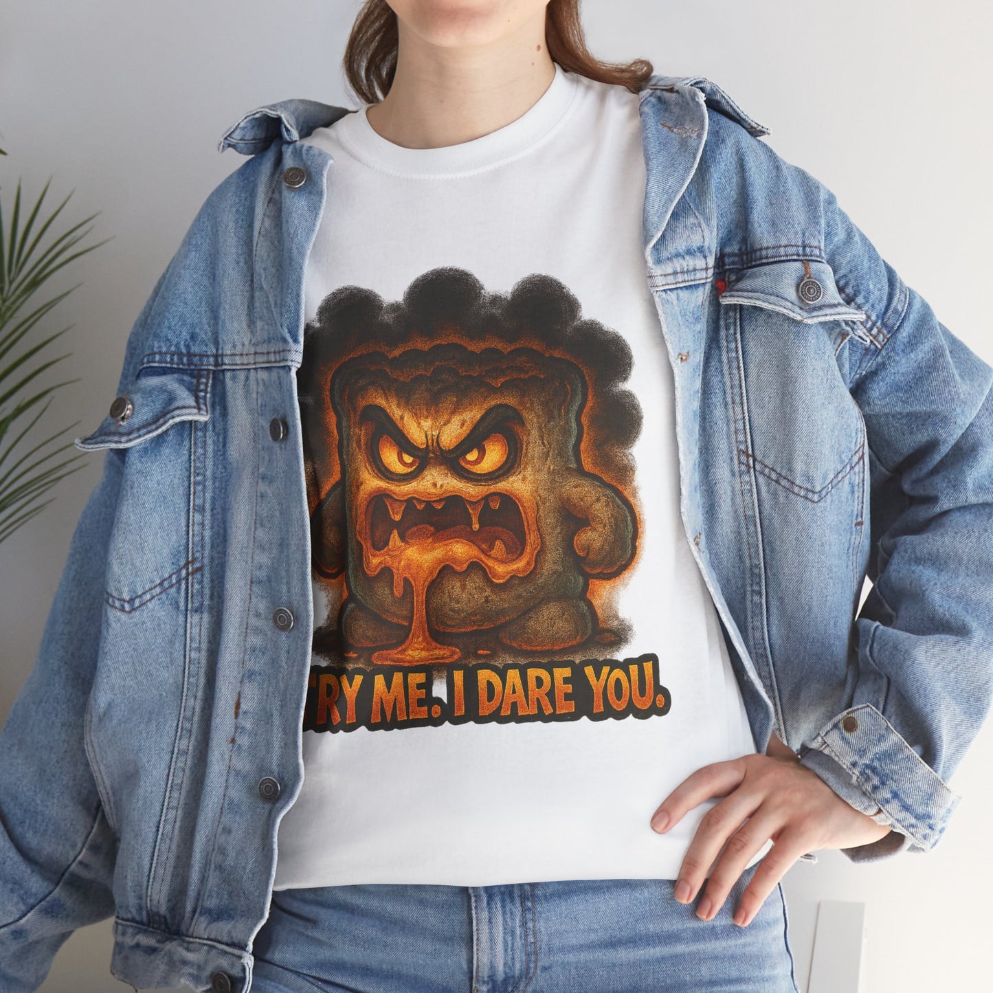 Graphic Tee — Fiery Toast 'Try Me, I Dare You' Cartoon Shirt