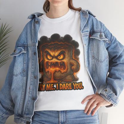 Graphic Tee — Fiery Toast 'Try Me, I Dare You' Cartoon Shirt