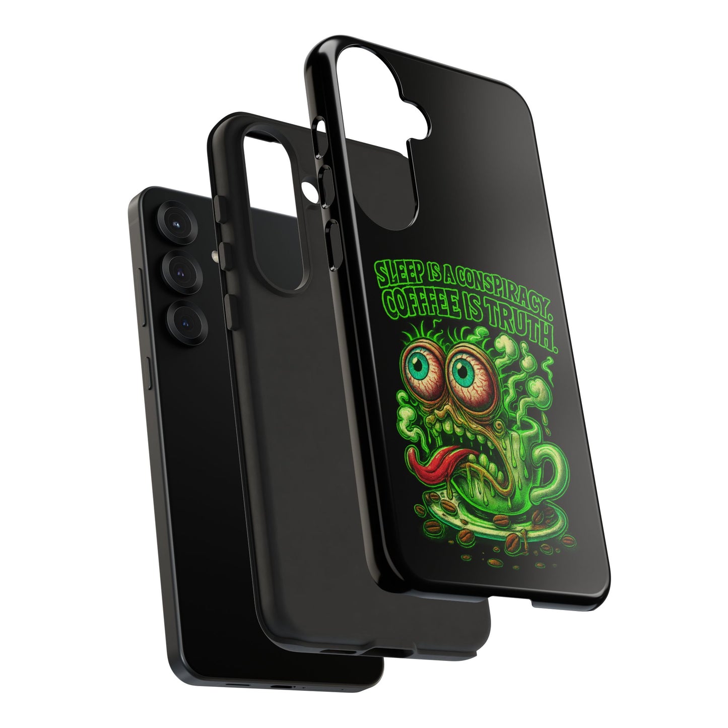 Phone Case — “Sleep Is a Conspiracy, Coffee Is Truth” Retro Monster Design